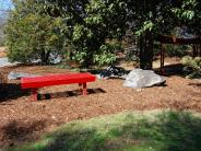Red bench and Asian arbor